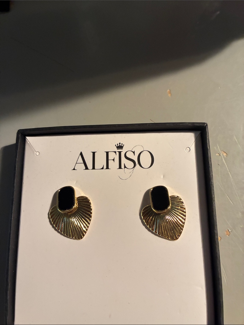 Gold-Tone Fan Drop Stud Earrings with Black Accents